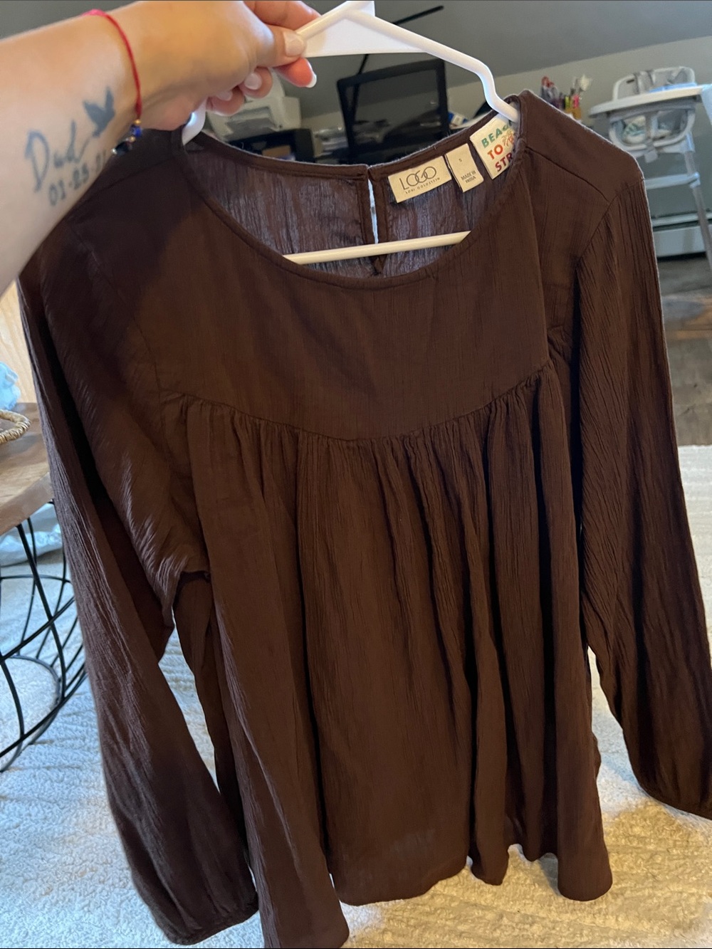 LOGO by Lori Goldstein Chocolate Brown Textured Peasant Tunic